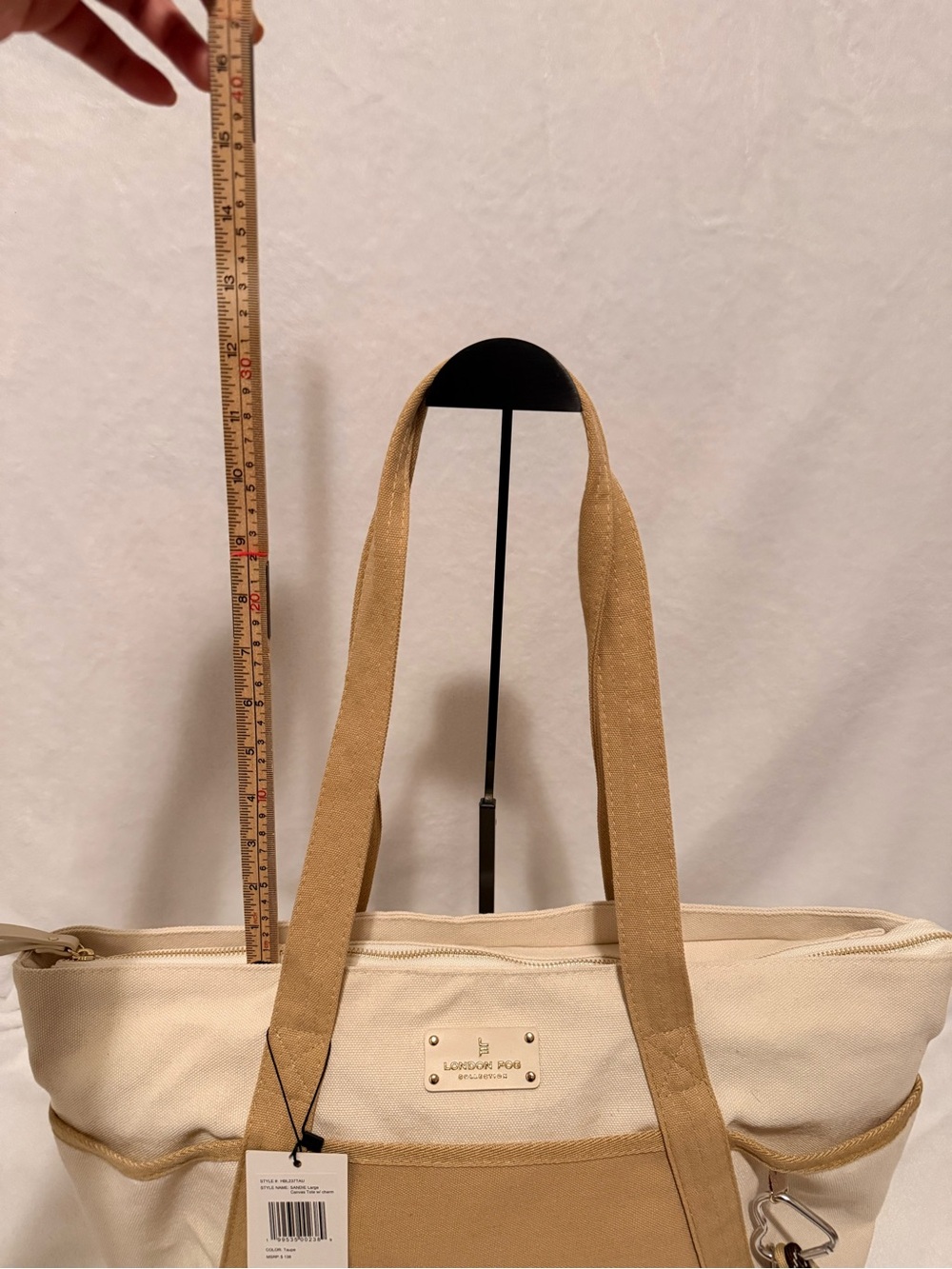 London Fog Canvas Tote Bag in Cream and Tan - Picture 3 of 14